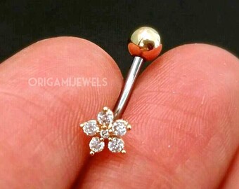 14K Yellow Gold Reverse Navel Belly Ring Flexible Bezels Five 3mm CZ 14K Yellow Gold Reverse Navel Belly Ring Flexible Bezels Five 3mm CZ
