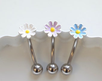 Daisy Belly Button Ring • Dainty Flower Belly Ring • Small Floating Navel Ring • White Purple Blue Piercing • Hypoallergenic Belly Jewelry