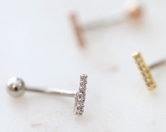 CZ Paved Bar Belly Button Ring • Sterling Silver Floating Navel Ring • Dainty Gold Bar Belly Rings • Small Belly Rings • Line Belly Jewelry