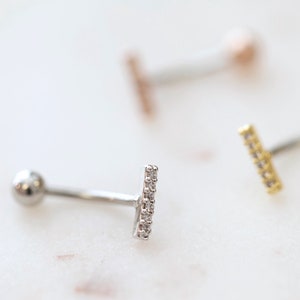 CZ Paved Bar Belly Button Ring • Sterling Silver Floating Navel Ring • Dainty Gold Bar Belly Rings • Small Belly Rings • Line Belly Jewelry