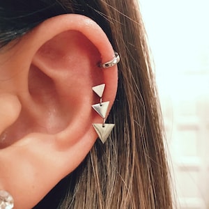 Surgical Steel Triangle Dangle Cartilage Earring • Long Silver Threadless Labret • Triangle Cartilage Gold Threadless Back • Wedding Jewelry