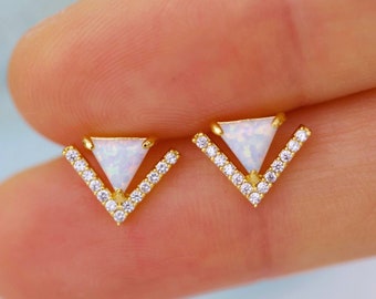 Triangle Opal Stud Earrings • Sterling Silver • White Opal Earrings • Chevron Studs • Rainbow Earrings • Blue• Green Pastel Pink Opal Studs