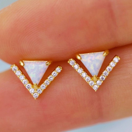 Triangle opal stud earrings, sterling silver post, white opal earrings, helix, conch earring, rainbow earrings, blue, pastel pink opal studs