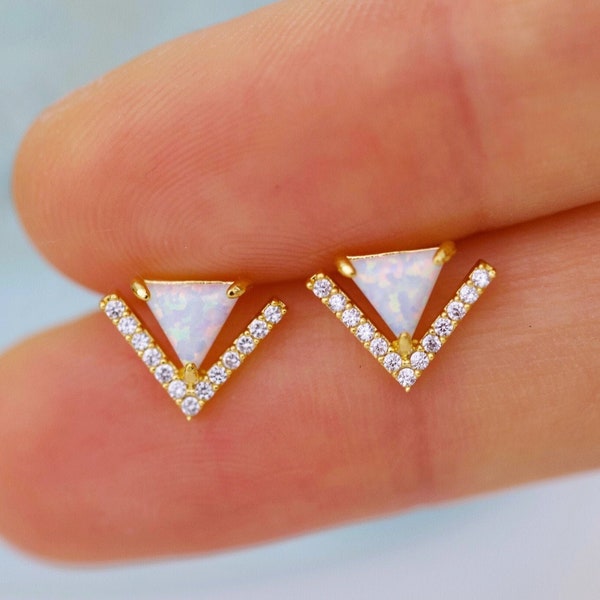 Triangle Opal Stud Earrings • Sterling Silver • White Opal Earrings • Chevron Studs • Rainbow Earrings • Blue• Green Pastel Pink Opal Studs