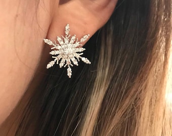 Snowflake Earrings • 925 Sterling Silver Elegant Studs • Statement Fashion Earring • Holiday Wedding Gifts • Ice Flower Maximalist Earrings