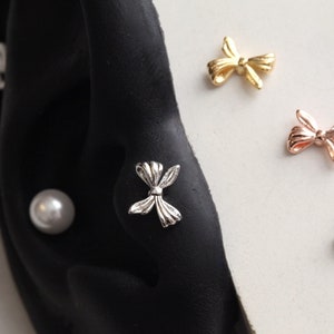 Mini Ribbon Tragus Labret • Matte Bow Cartilage Earring • Asymmetrical Ribbon Threadless Pushin Helix 18g Stud • Small Silver Conch Piercing
