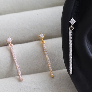 Pave Bar Dangle Earring • Long Silver Bar Cartilage Piercing • Line Drop Cartilage Gold Bar Threadless • Wedding Jewelry • Bridesmaids Gifts