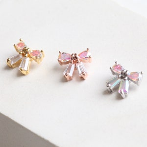 Iridescent Ribbon Cartilage Stud Conch Labret Holographic Bow Threadless Pushback 18g Flat Back Lobe Earring Tie the Knot Piercing image 1