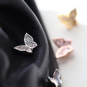 925 Silver Pave Butterfly Cartilage Earring • 18g Conch Stud • Dainty Tragus Piercing • Gold Butterfly Threadless Pushpin • Screwback Labret