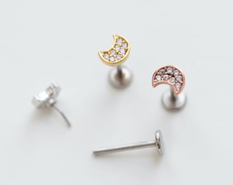 Pendiente de cartílago Moon sin rosca de parte trasera plana • 18g 20g Pushpin • Pendiente de hélice Moon • Labret de tragus delicado • Piercing de concha • Pendiente de cartílago Moon dorado