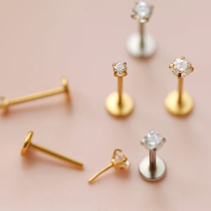 18g 20g 16g Tiny Cz Threadless Push In Labret • Push Back Tragus Stud • Gold Silver Minimalist Cartilage Earring • Conch Stud Sensitive Skin