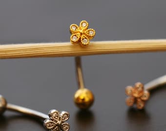 Tiny Round Flower Belly Ring, floating navel ring, dainty small gold belly button rings, body jewelry, floral modern postpartum belly ring