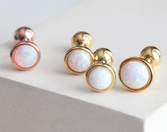 White Opal Cartilage Earring • Medusa Jewelry • Minimalist Conch Barbell Earring • Rainbow Colors Helix • Tragus Studs • Opal Stone Jewelry