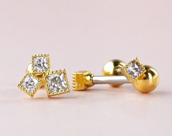 Tiny Square Cartilage Earring • Medusa Lip Ring • Dainty Conch Forward Helix • Square Cluster Stud • Mini Cube Labret • Tiny Tragus Piercing