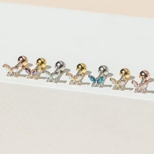 Sparkly Butterfly Tragus Earring • Tiny 18g Threadless Labret • Iridescent Cartilage Stud • Dainty Tragus Earring • Screwback Lobe Piercing