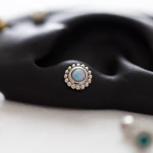 Birthstone Tragus Earring • Daith Conch Earring • Silver Cartilage Barbell • Rainbow Opal Forward Helix Stud • Trendy Birthday Gift • Medusa