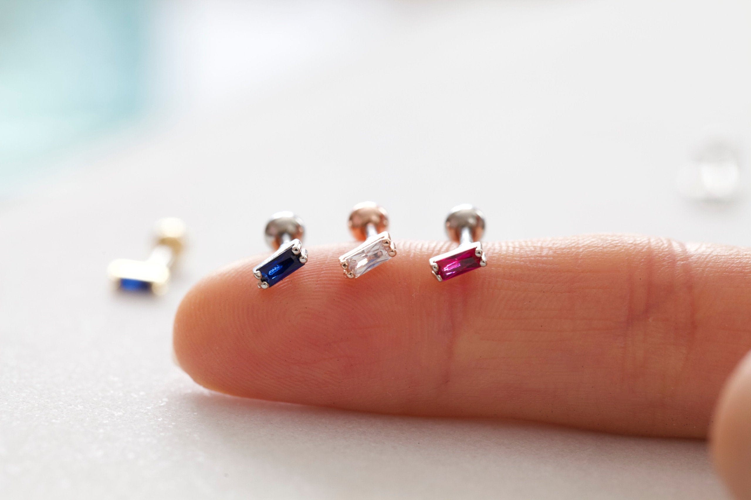 Tiny Baguette Tragus Labret • Square Rhinestone Cartilage Piercing • Vibrant Rectangular Colorful Threadless Pushpin • Forward Helix Earring
