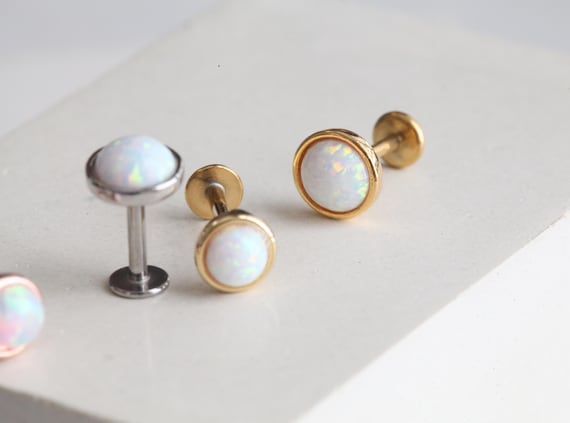 White Opal Cartilage Earring • Medusa Jewelry • Minimalist Conch Barbell Earring • Rainbow Colors Helix • Tragus Studs • Opal Stone Jewelry