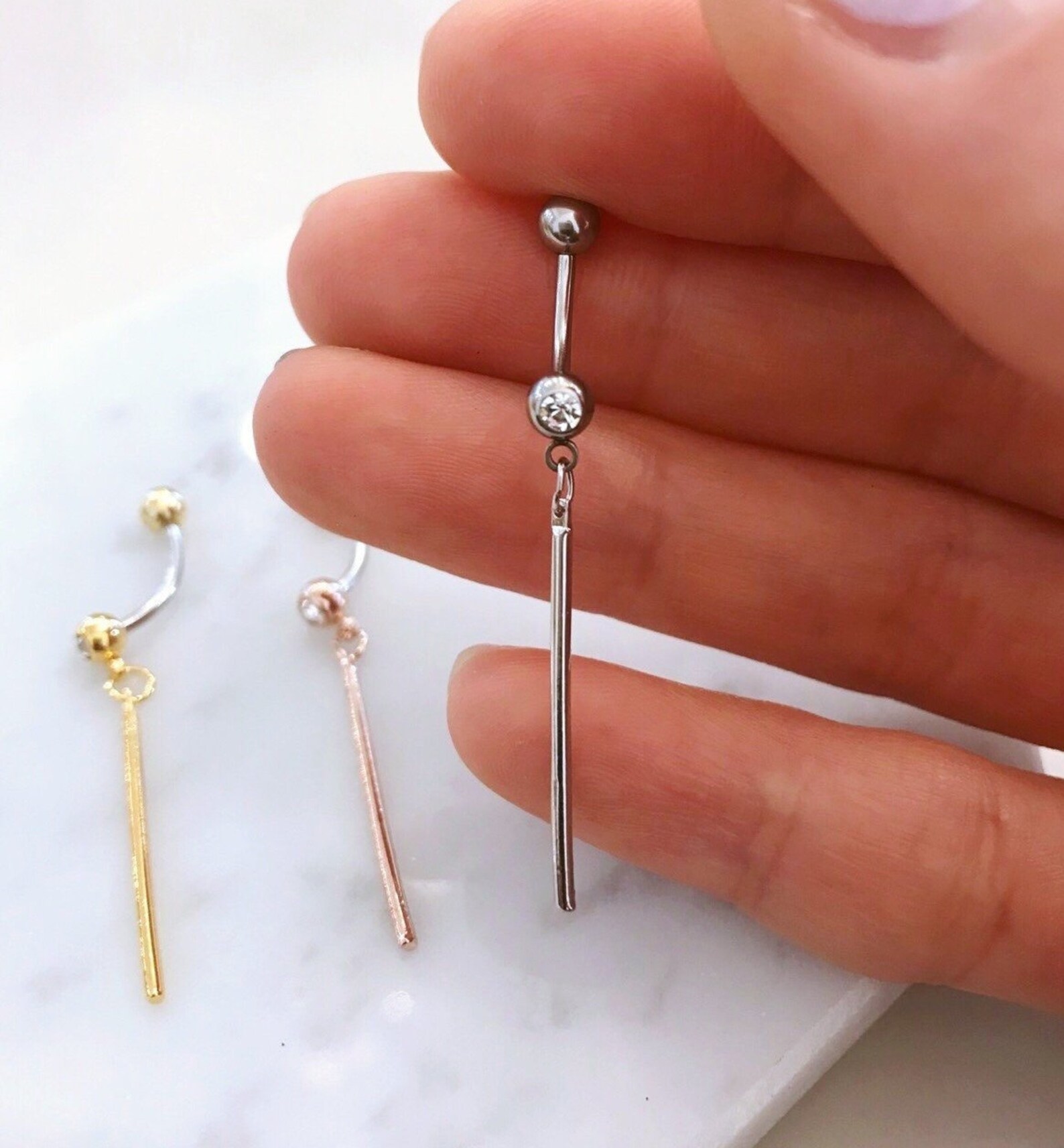 Bar Dangle Belly Button Ring • Rose Gold Belly Ring • Small Gold Belly ...