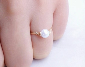 Freshwater Pearl Ring • 14k GoldFill SilverFill Wire Jewelry • June Birthday Pearl Gift • Friendship Ring • Small Large Ring Sizes Available