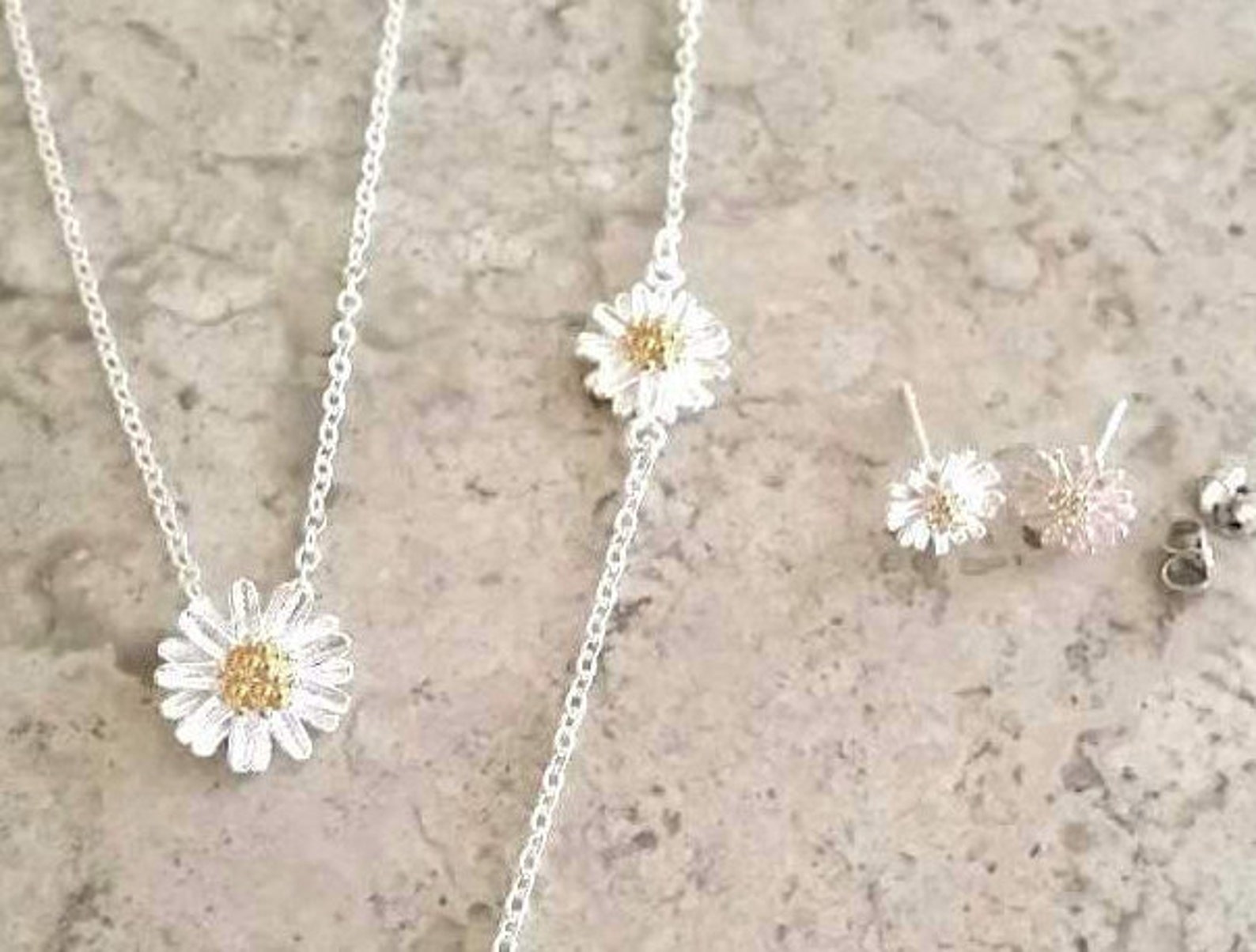 Elegant Daisy Flower Jewelry Set 925 Sterling Silver Studs Etsy
