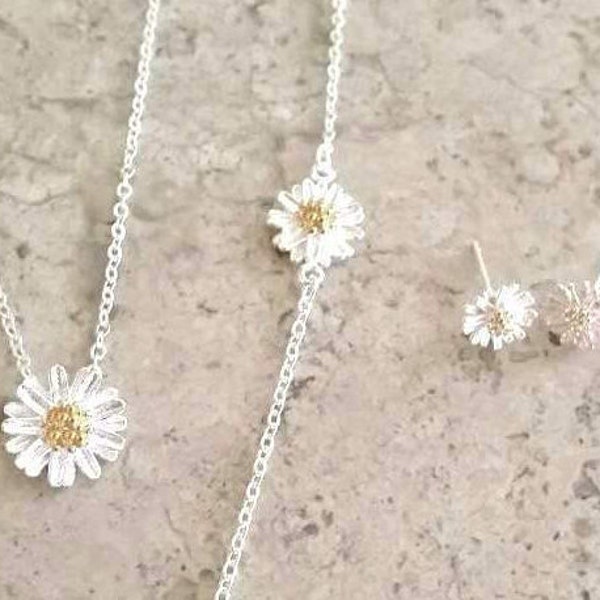Elegant Daisy Flower Jewelry Set • 925 Silver Studs • Floral Dainty Bracelet • Delicate Necklace • Bridesmaids Gifts • Wedding Jewelry