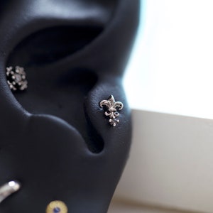 May include: Close-up of a black ear with multiple piercings. A silver fleur-de-lis stud earring is in the center. Other earrings include a small diamond stud, a silver hoop, and a decorative stud.