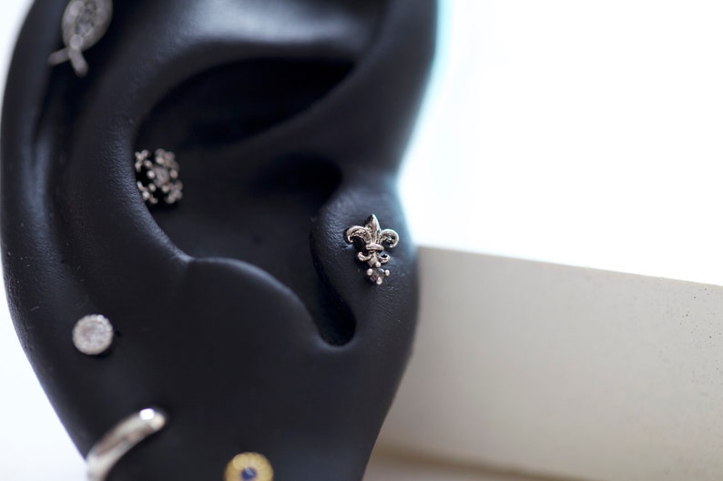 May include: Close-up of a black ear with multiple piercings. A silver fleur-de-lis stud earring is in the center. Other earrings include a small diamond stud, a silver hoop, and a decorative stud.