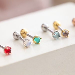 3mm Moonstone Cartilage Stud • Tiny Conch Earring • Small Threadless Pushback • Candy Red 18g Flat Back Tragus Stud • Dainty Lobe Piercing