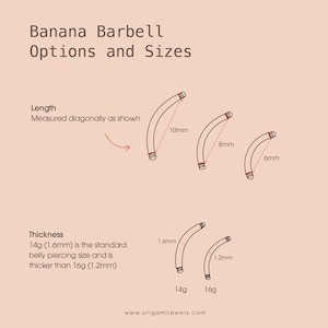Puede incluir: Diagrama de opciones y tama&ntilde;os de barras curvas. La imagen muestra barras curvas de 6mm, 8mm y 10mm de largo. Las opciones de grosor son 1,2mm y 1,6mm. El texto explica el tama&ntilde;o est&aacute;ndar para piercings en el ombligo.