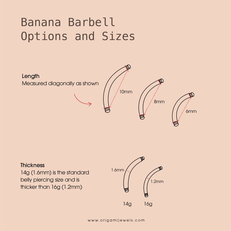 Puede incluir: Diagrama de opciones y tama&ntilde;os de barras curvas. La imagen muestra barras curvas de 6mm, 8mm y 10mm de largo. Las opciones de grosor son 1,2mm y 1,6mm. El texto explica el tama&ntilde;o est&aacute;ndar para piercings en el ombligo.