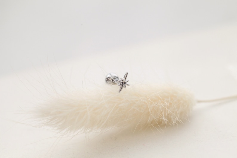 May include: A small, silver-colored earring with a starburst design. The earring is set on a white, fluffy, dried flower against a white background. The earring is a stud style.