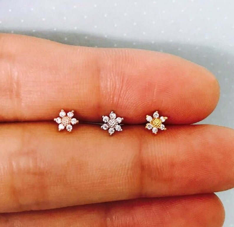 Mini Sunflower Cartilage Earring 18g Tragus Threadless Pushback Dainty Flower Barbell Helix Daith Labret Tiny Flower Conch Earring image 4