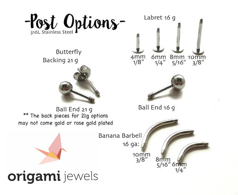 Pu&ograve; includere: Immagine che mostra varie opzioni di gioielli per il corpo, tra cui labret, borchie a sfera e barbell curvi. Le misure sono fornite in pollici e gauge. Il testo "Post Options" e "origami jewels" sono anche visibili.