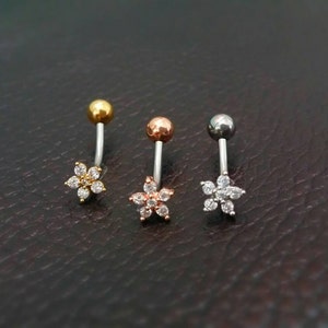 Small Flower Belly Button Ring Sterling Silver Floating Navel Ring Tiny Mini Floral Belly Piercing Dainty Gold Vermeil Belly Jewelry image 2