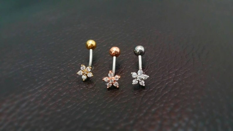 Small Flower Belly Button Ring Sterling Silver Floating Navel Ring Tiny Mini Floral Belly Piercing Dainty Gold Vermeil Belly Jewelry image 2