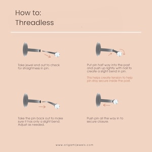 May include: Diagram illustrating how to use threadless jewelry. The image shows four steps: checking the pin, bending the pin, adjusting the bend, and securing the closure. Text includes "How to: Threadless" and the website address.
