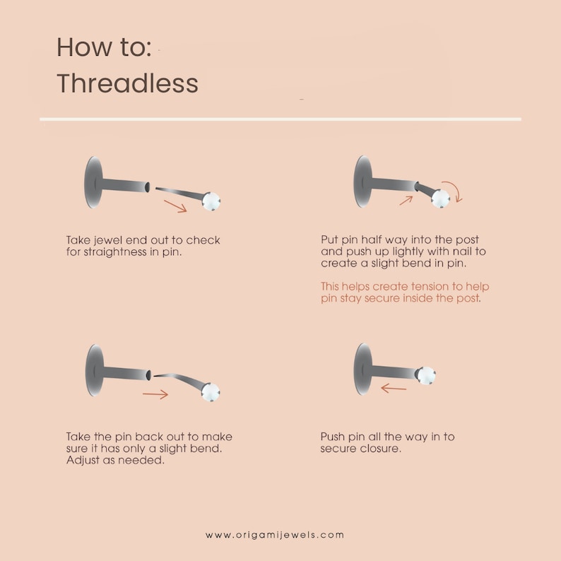 May include: Diagram illustrating how to use threadless jewelry. The image shows four steps: checking the pin, bending the pin, adjusting the bend, and securing the closure. Text includes "How to: Threadless" and the website address.