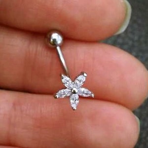 CZ Flower Belly Button Ring • Silver Floating Navel Ring • Gold Dainty Sparkly Belly Ring • Floral Belly Piercing • Belly Jewelry Gift Ideas