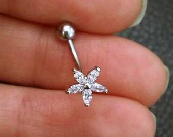 CZ Flower Belly Button Ring • Silver Floating Navel Ring • Gold Dainty Sparkly Belly Ring • Floral Belly Piercing • Belly Jewelry Gift Ideas