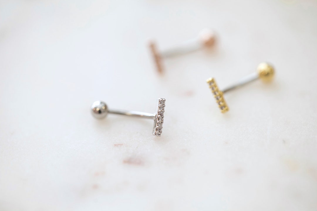 CZ Paved Bar Belly Button Ring Sterling Silver Floating Navel Ring