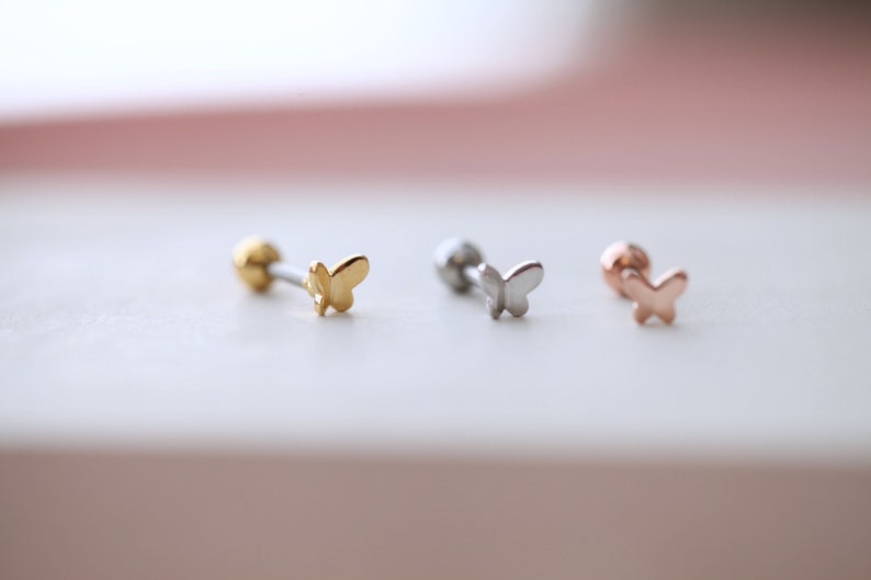 3d Butterfly Tragus Threadless Labret 18g Cartilage Earring 20g Screwback Barbell Cartilage Stud Small Spring Dainty Conch Earring image 1