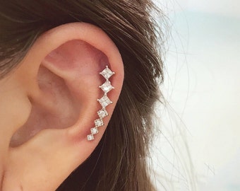 CZ Bold curved cartilage earring, fashion statement ear sweep, ear Climbers, delicate earrings, flat back, ball end, square line earring