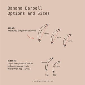 May include: Diagram of banana barbell options and sizes. The image shows curved barbells with measurements in millimeters. The text includes length and thickness information, with the website address www.origamijewels.com.