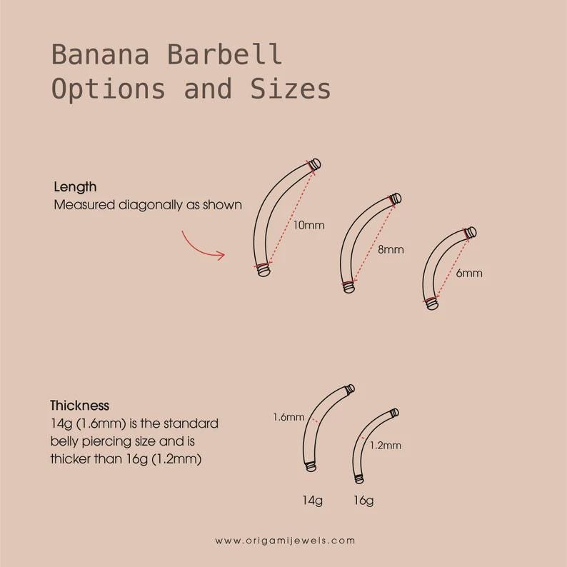 May include: Diagram of banana barbell options and sizes. The image shows curved barbells with measurements in millimeters. The text includes length and thickness information, with the website address www.origamijewels.com.
