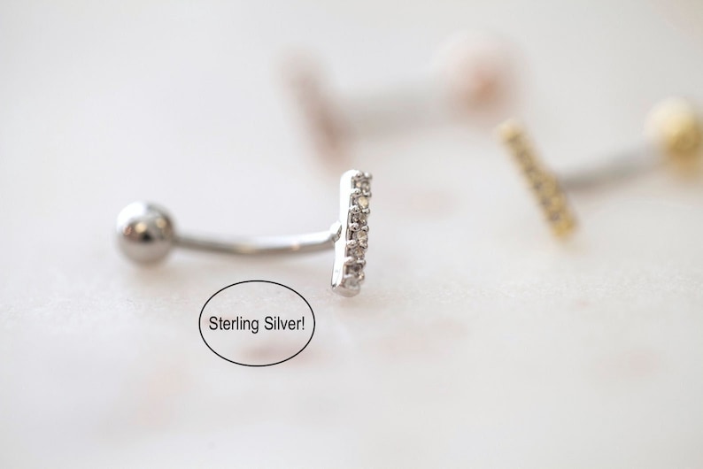 Sterling Silver CZ Paved Bar Belly Button Ring Floating Navel Ring Small Dainty Gold Belly Rings Hypoallergenic Tiny Line Belly Ring image 1