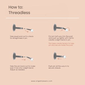 Puede incluir: Un diagrama que ilustra c&oacute;mo usar joyas sin rosca. La imagen muestra cuatro pasos: comprobar el pasador, doblar el pasador, ajustar la curva y asegurar el cierre. El texto incluye "How to: Threadless" y la direcci&oacute;n del sitio web.