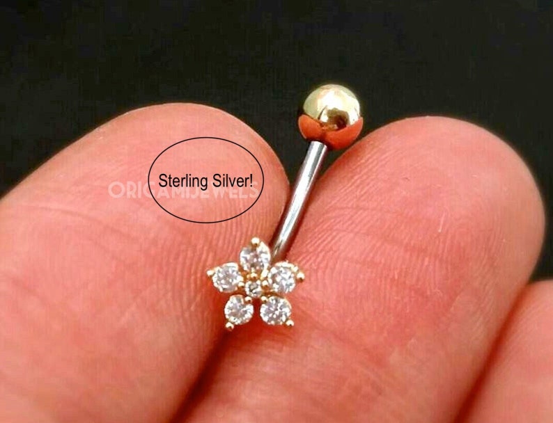 Small Flower Belly Button Ring Sterling Silver Floating Navel Ring Tiny Mini Floral Belly Piercing Dainty Gold Vermeil Belly Jewelry image 1