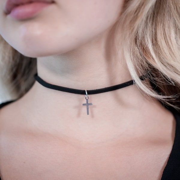 Cross Suede Choker • Cross Necklace • Dainty Cute Necklace • Maroon Tan Black Fabric Jewelry • Daily Minimalist Wear • Perfect Gift For Her