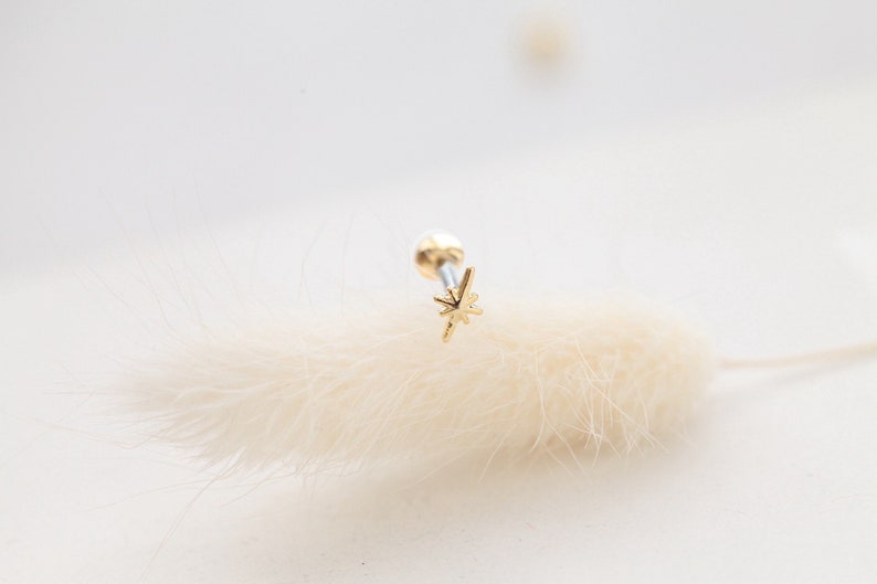 May include: A gold-colored starburst stud earring. The earring features a small, round backing and a decorative starburst design. The earring is set against a soft, white background.